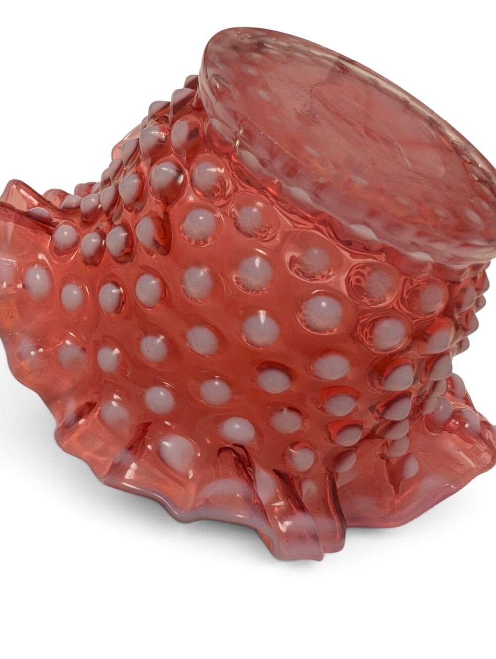 VINTAGE Fenton Hobnail Ruffled Bowl Glass Cranberry Pink Red White BonBon Dish - Picture 2 of 10